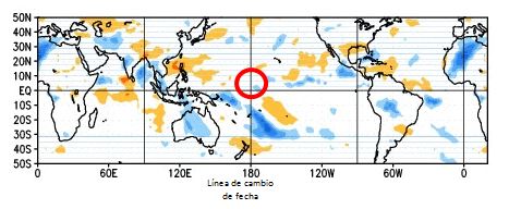Figura 4. Anomalía de la radiación de onda larga que representa la nubosidad en el Pacífico tropical. Fuente: NOAA