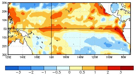 Imagen: NOAA . Anomalías (°C) promedio de la temperatura de la superficie del mar (SST, por sus siglas en  inglés) para la semana centrada el 28 de mayo de 2014. Las anomalías son calculadas utilizando  como base de referencia los promedios semanales durante el periodo del 1981-2010.  