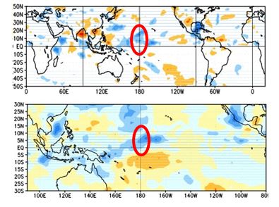Figura 5. Anomalía de la radiación de onda larga que representa la nubosidad en el Pacífico tropical. Superior: Junio 2 2014. Inferior: Julio 2 2014  Fuente: NOAA 
